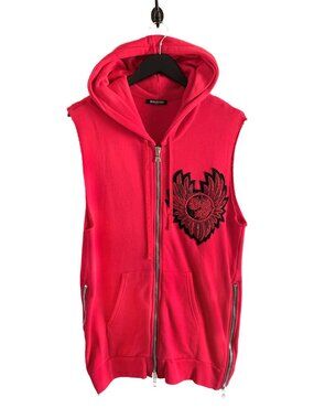 Balmain Red Sleeveless Zipped-up Embroidered Hoodie Vest
